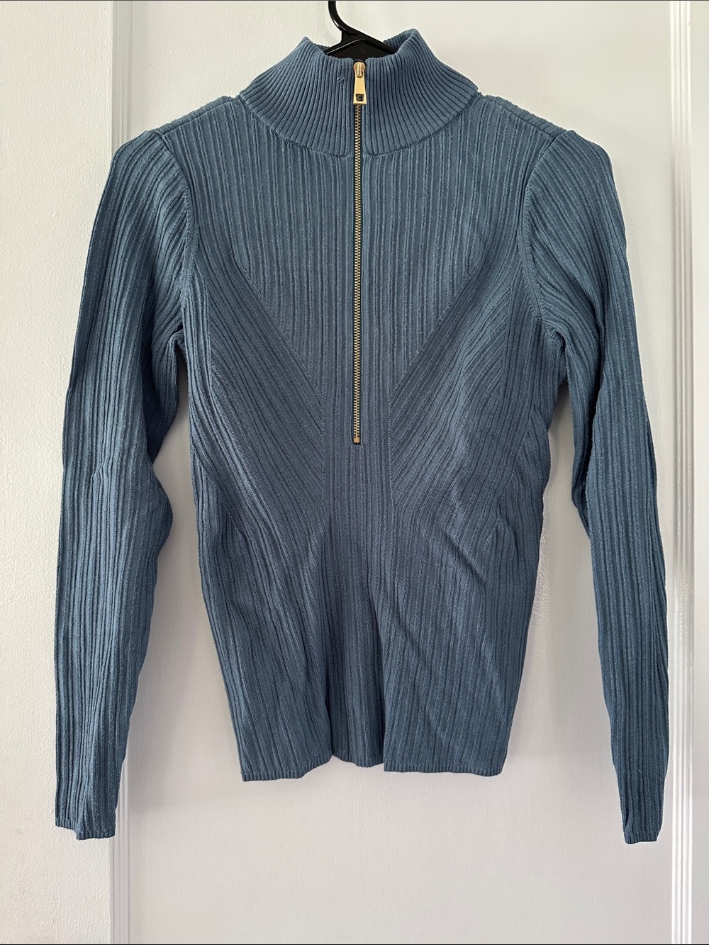 White House Black Market Slate Blue Ribbed Quarter-Zip Mock Neck Sweater